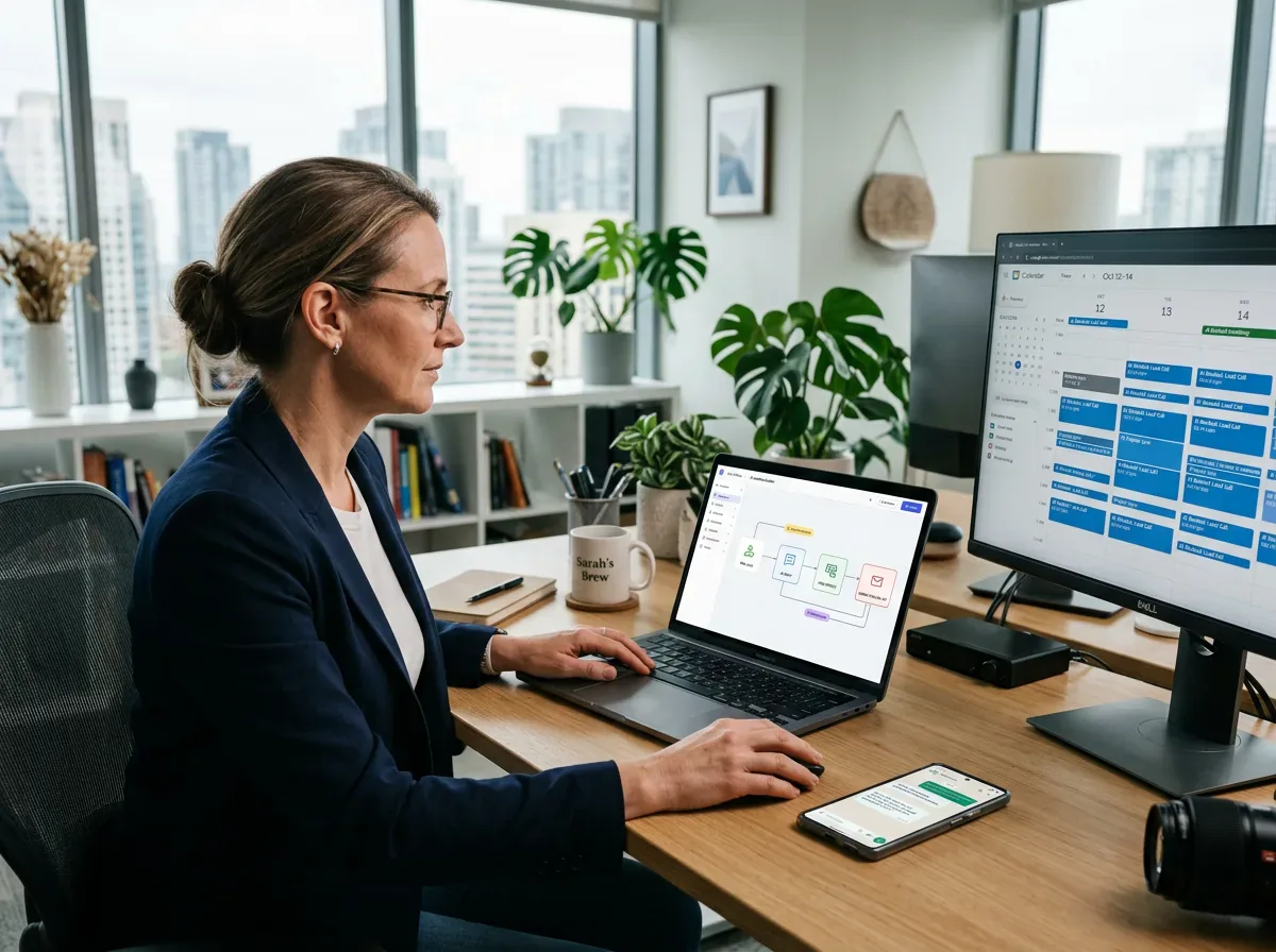 Business owner reviewing an AI automation workflow while an AI assistant replies to customers