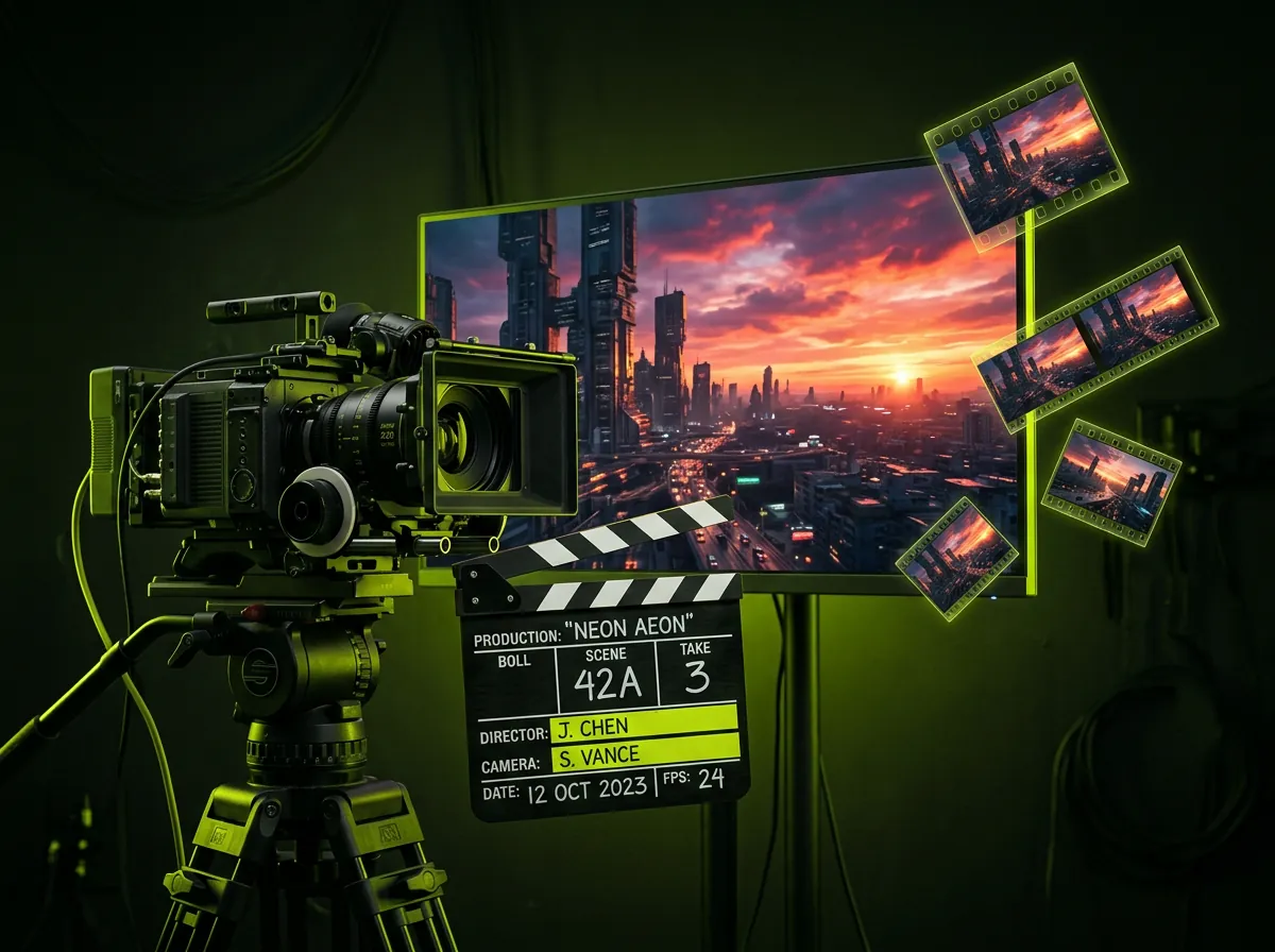 Cinema camera and AI generated film scene