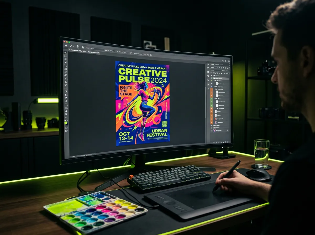 Poster design in progress on a monitor
