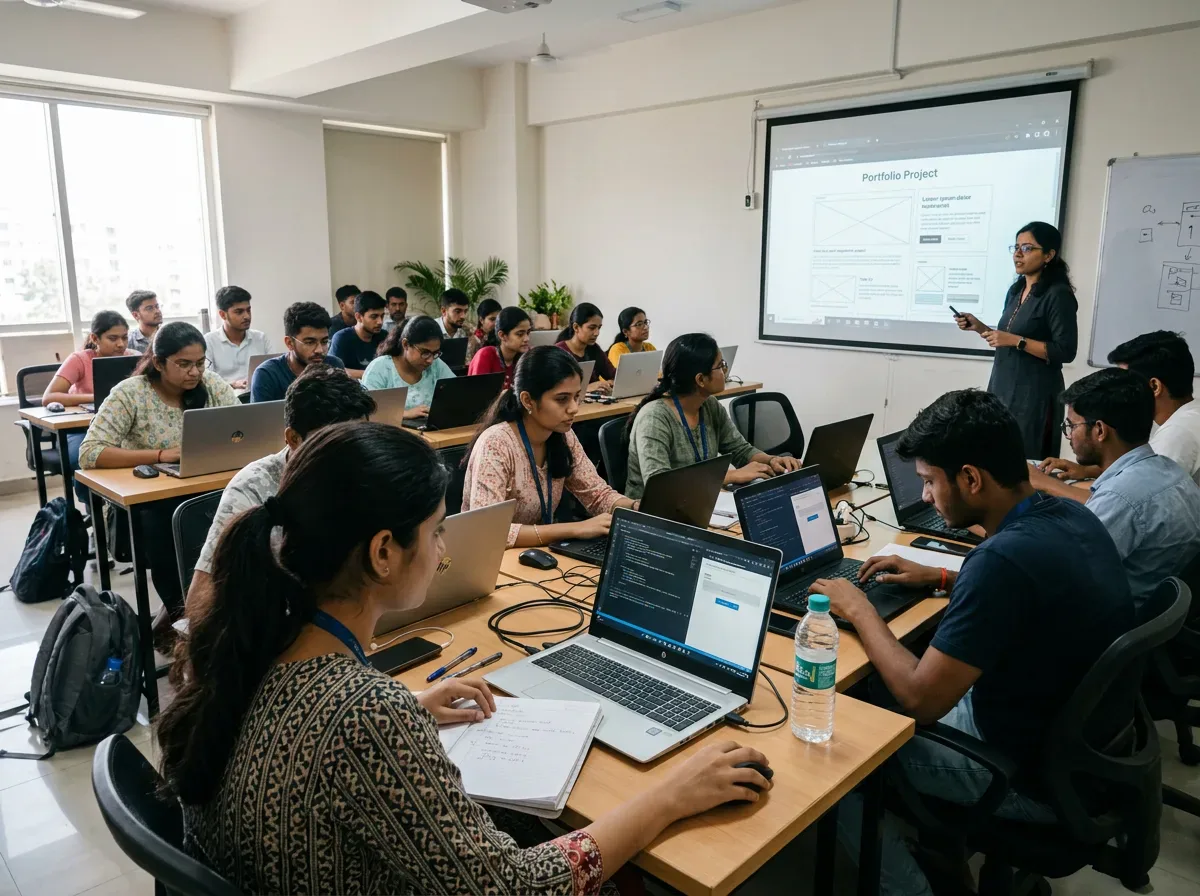 Students learning web development in a classroom with an instructor