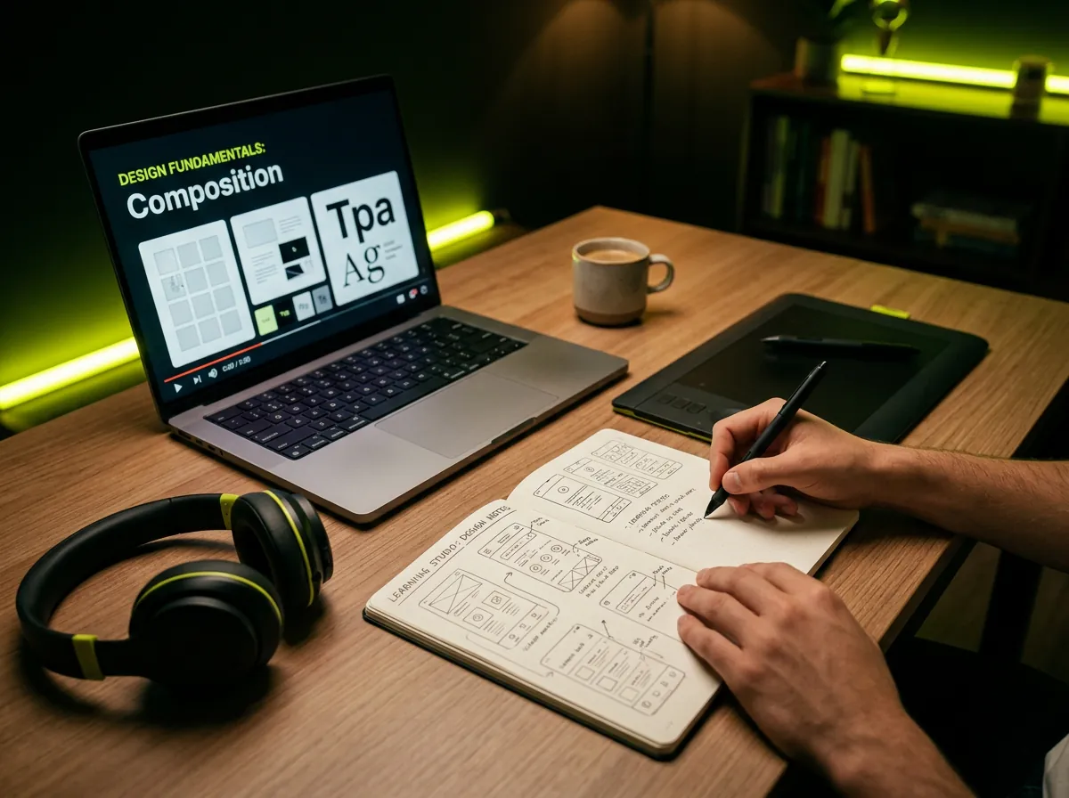 Design lesson on a laptop with notes